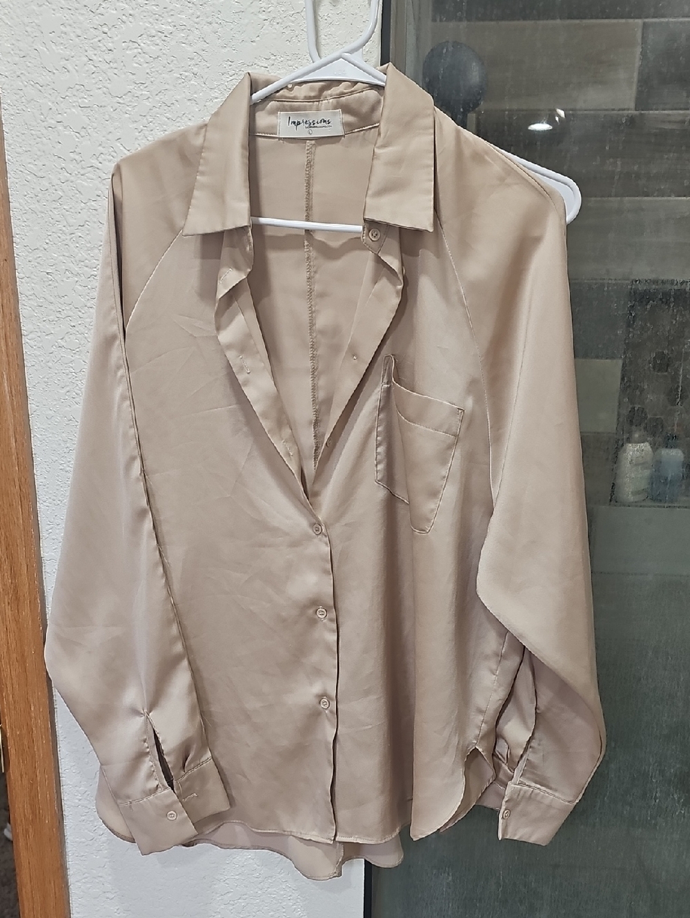 tan silk button-up blouse